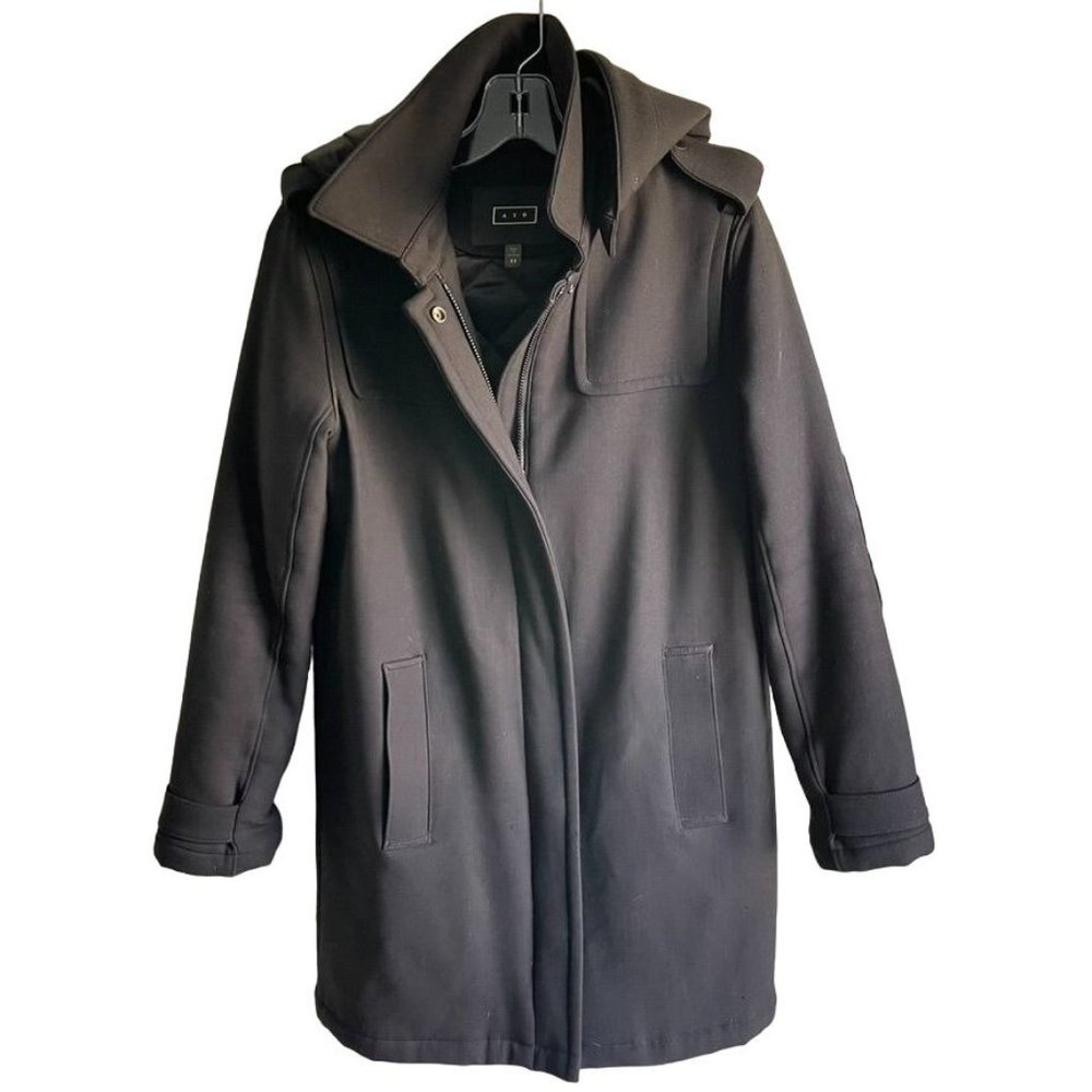 AYR All Year Round Size XS Black Hooded Wool Blend Duffle Coat